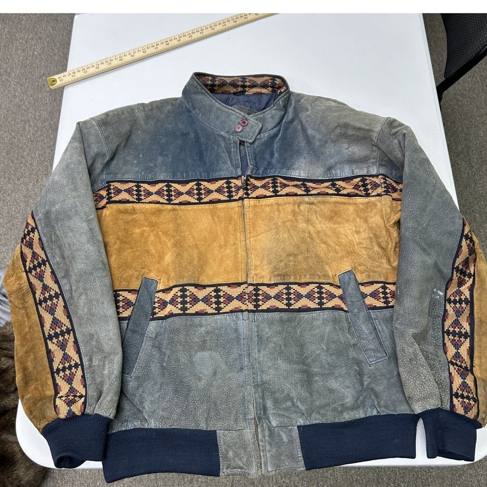 Adler Leather Bomber Jacket Mens L Blue Tan Aztec Southwestern Vintage H1